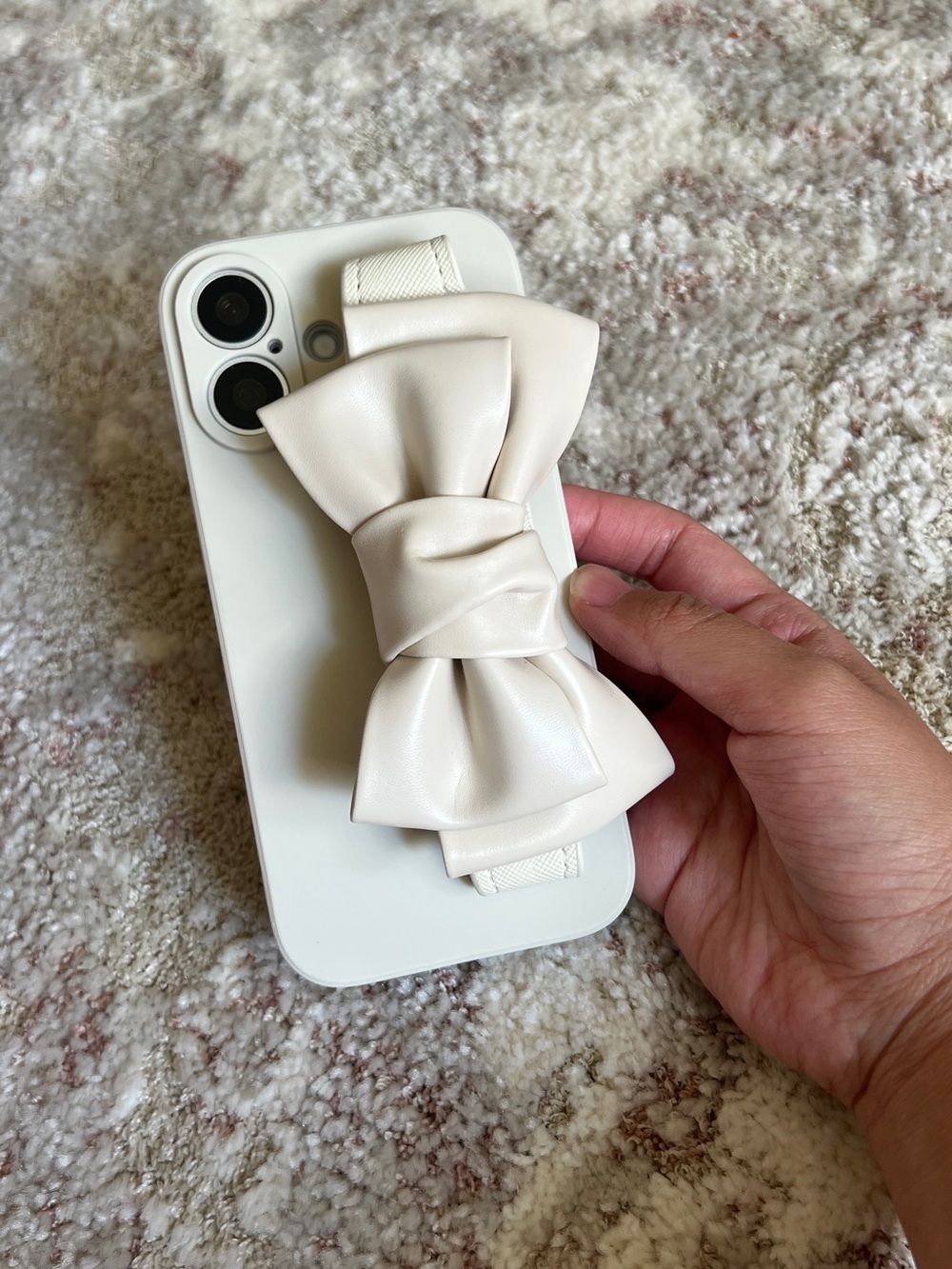 iPhone 17 Cream Leather Bow Phone Strap Case Accessory